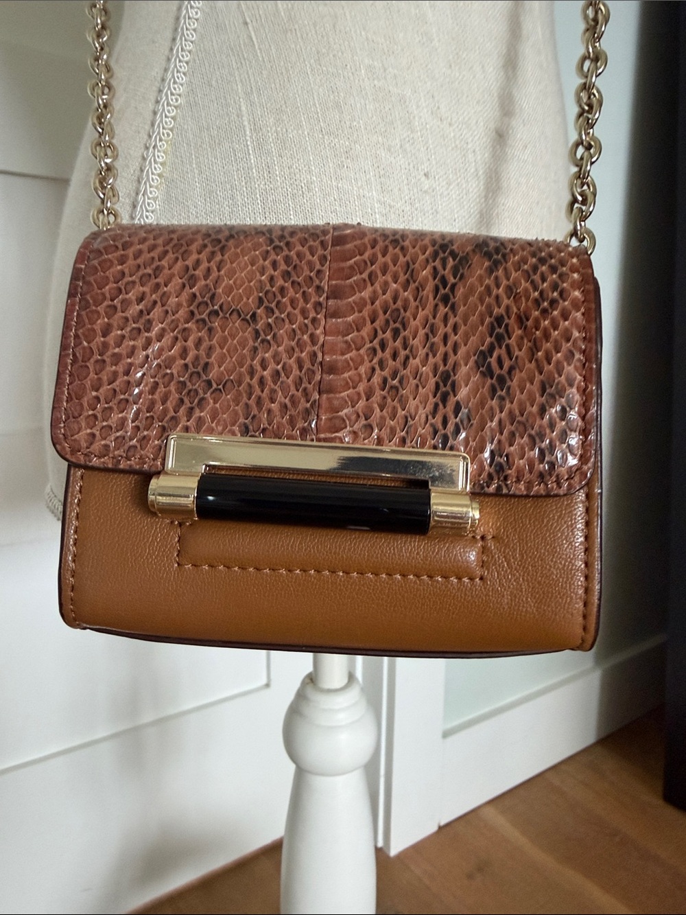DVF mini Two-Tone Snake-Texture Crossbody Bag Brown leather